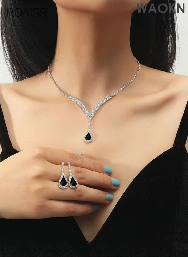 WAOKN 2 Piece Jewelry Set of Necklace and Earrings Shiny teardrop shape Diamond Chic Rhinestone Decor Jewellery Set , suitable for Women , Ladies , Gift for Girlfriend Wife Mother Bridesmaids Wedding Party Accessories , unisex , black. - Image 3